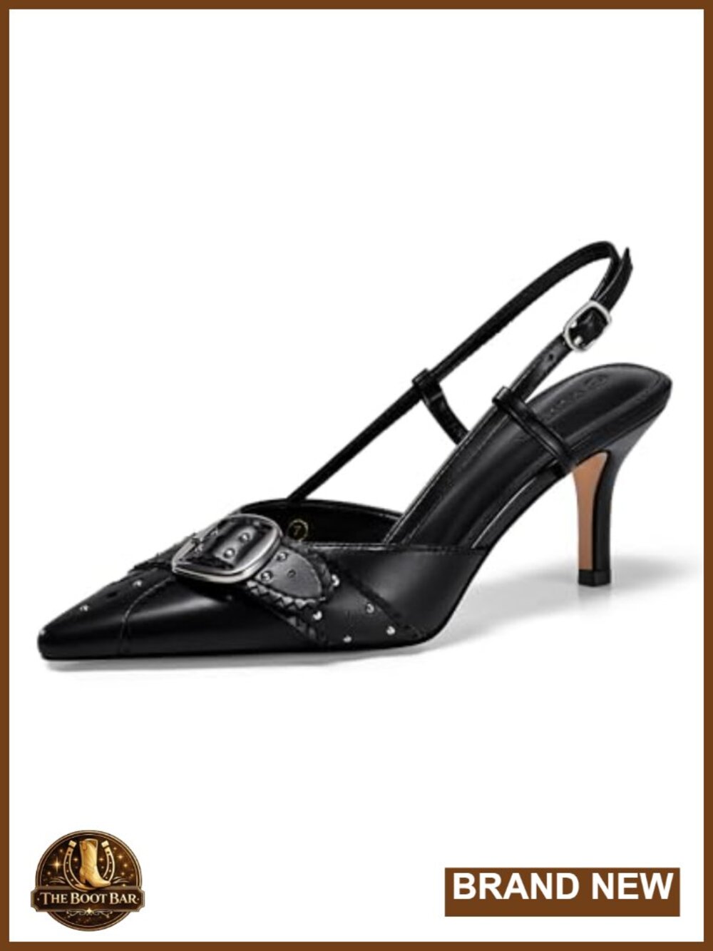 Studded Slingback Kitten Heels Faux Leather Pointed Toe Buckle Dress Pumps